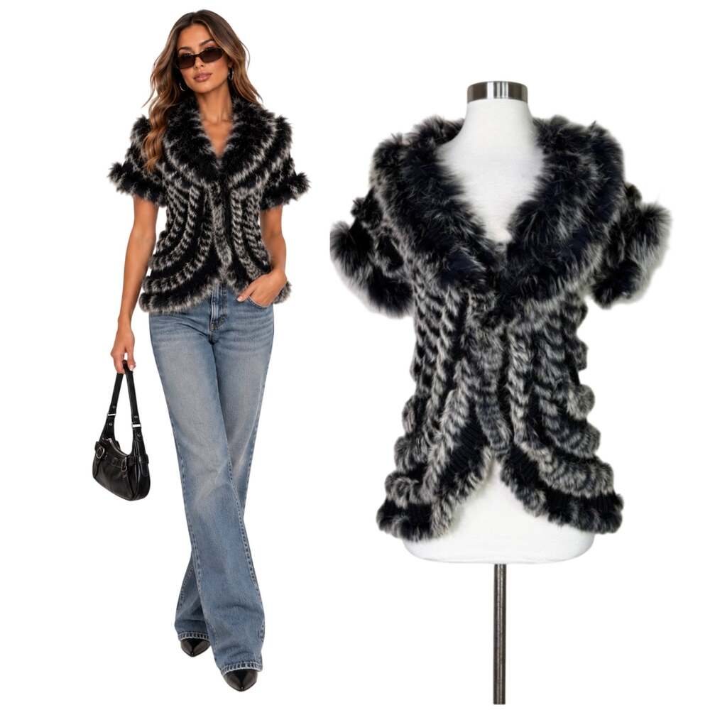 Dolce Cabo | Fur Black Gray Rabbit Fox Fur Knit Short Sleeve Cardigan Jacket M